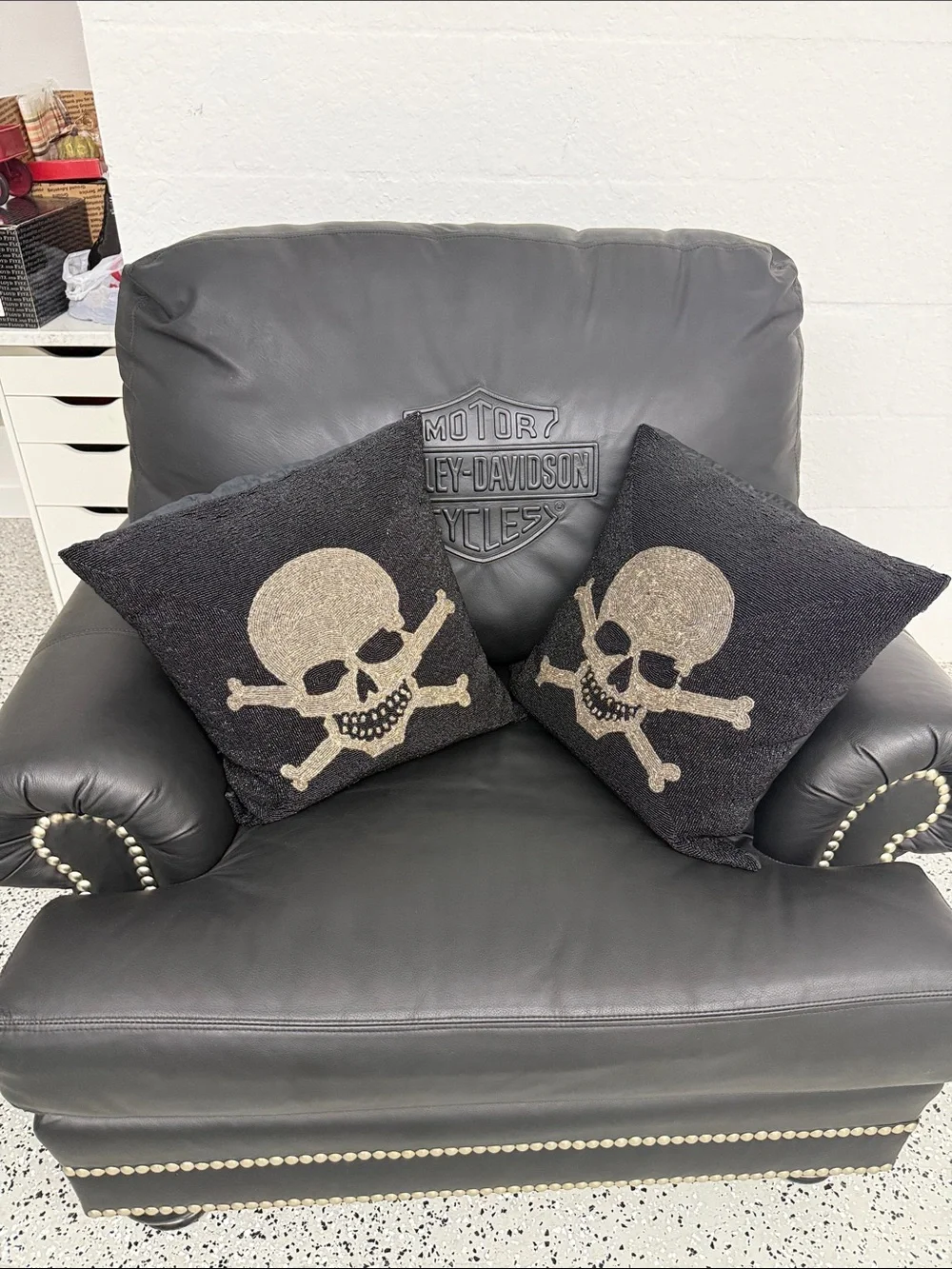 Black Throw Pillows with Silver Skull Motif all beaded